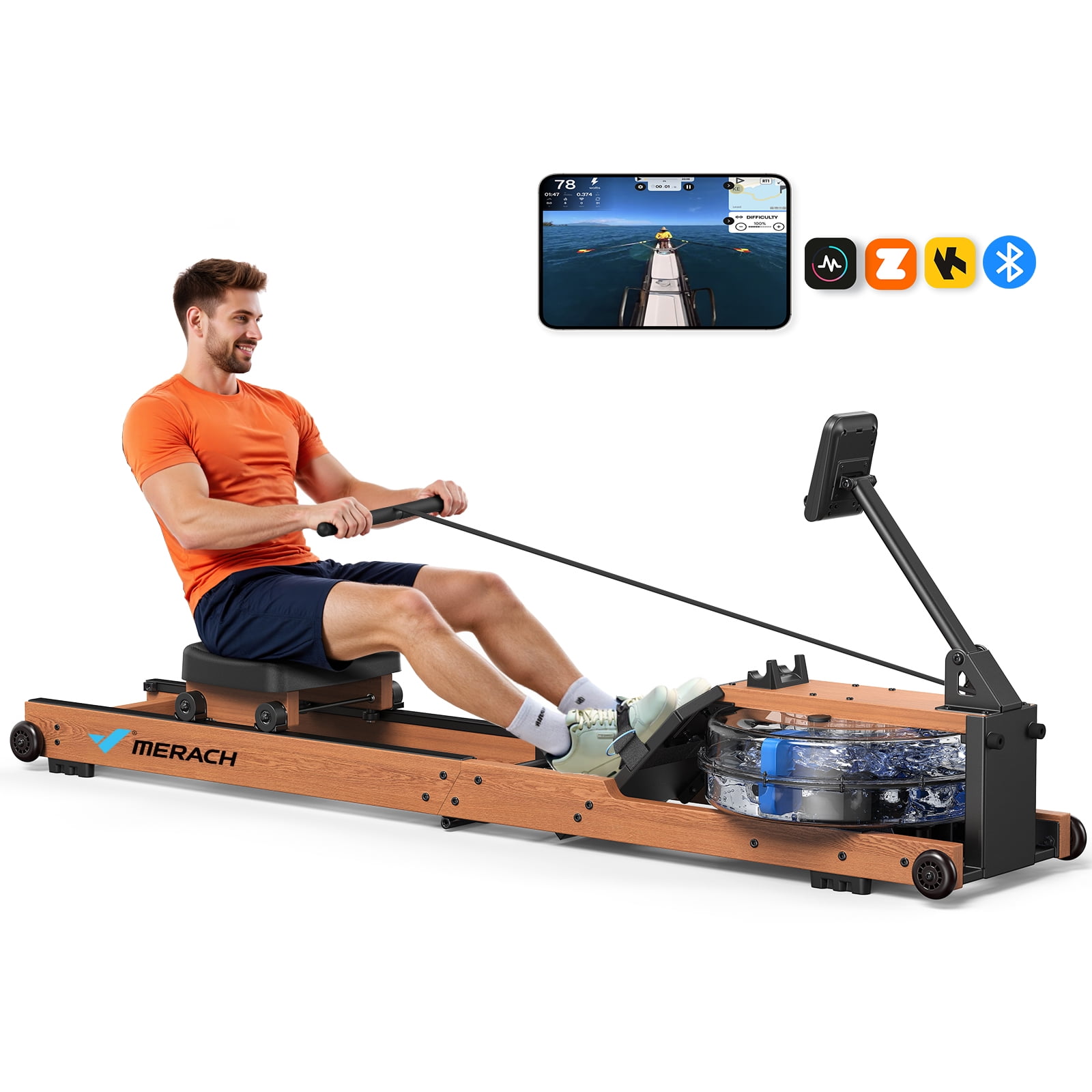 MERACH Water Rowing Machines Home Foldable Row Machine 400LBS Weight Capacity Dedicated Monitor Comfortable Seat Free App Immersive Rower