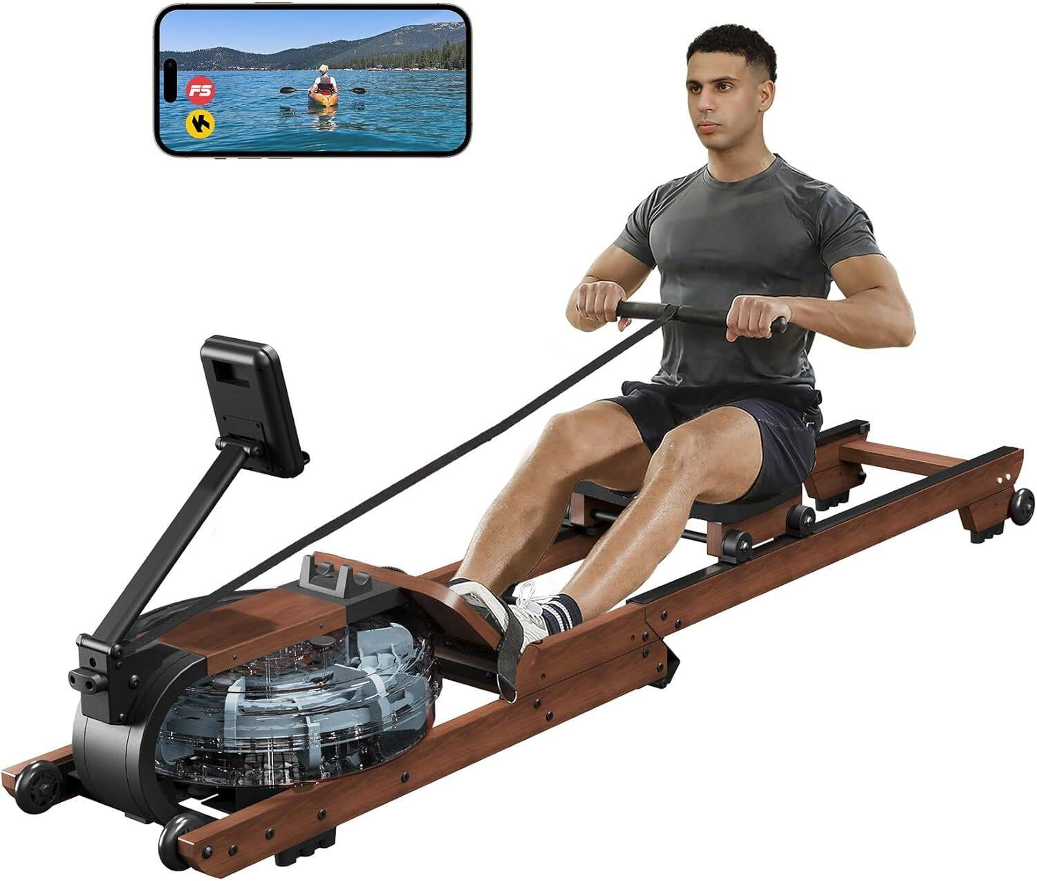 MERACH Water Rowing Machine for Home Use Solid Wood Rower with Pro Monitor Newly Upgraded Seat Cushion Easy Assembly Bluetooth APP Max 330LB
