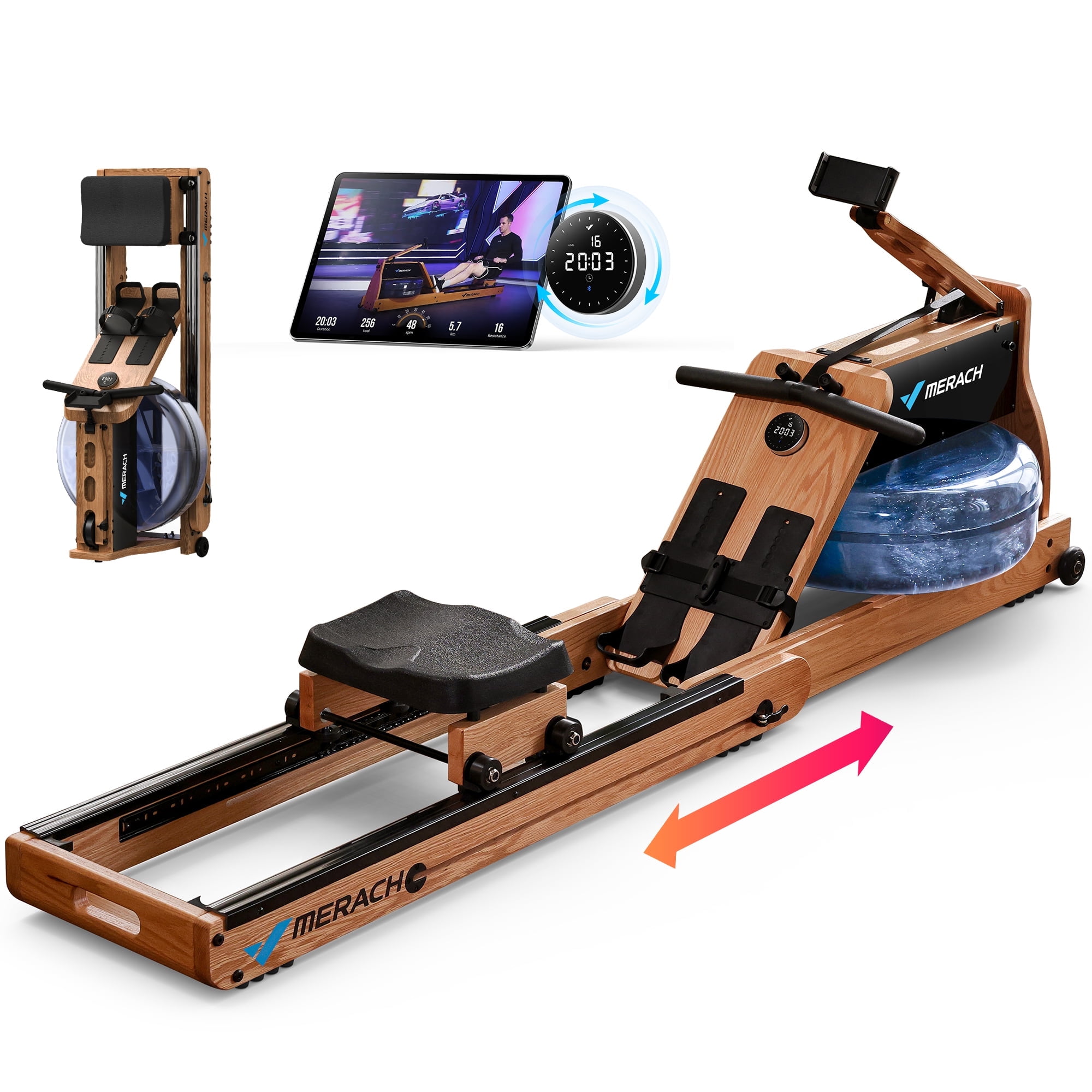 MERACH Water Rowing Machine for Home Use Solid Wood Rower with Pro Monitor Newly Upgraded Seat Cushion Easy Assembly Bluetooth APP Max 330LB